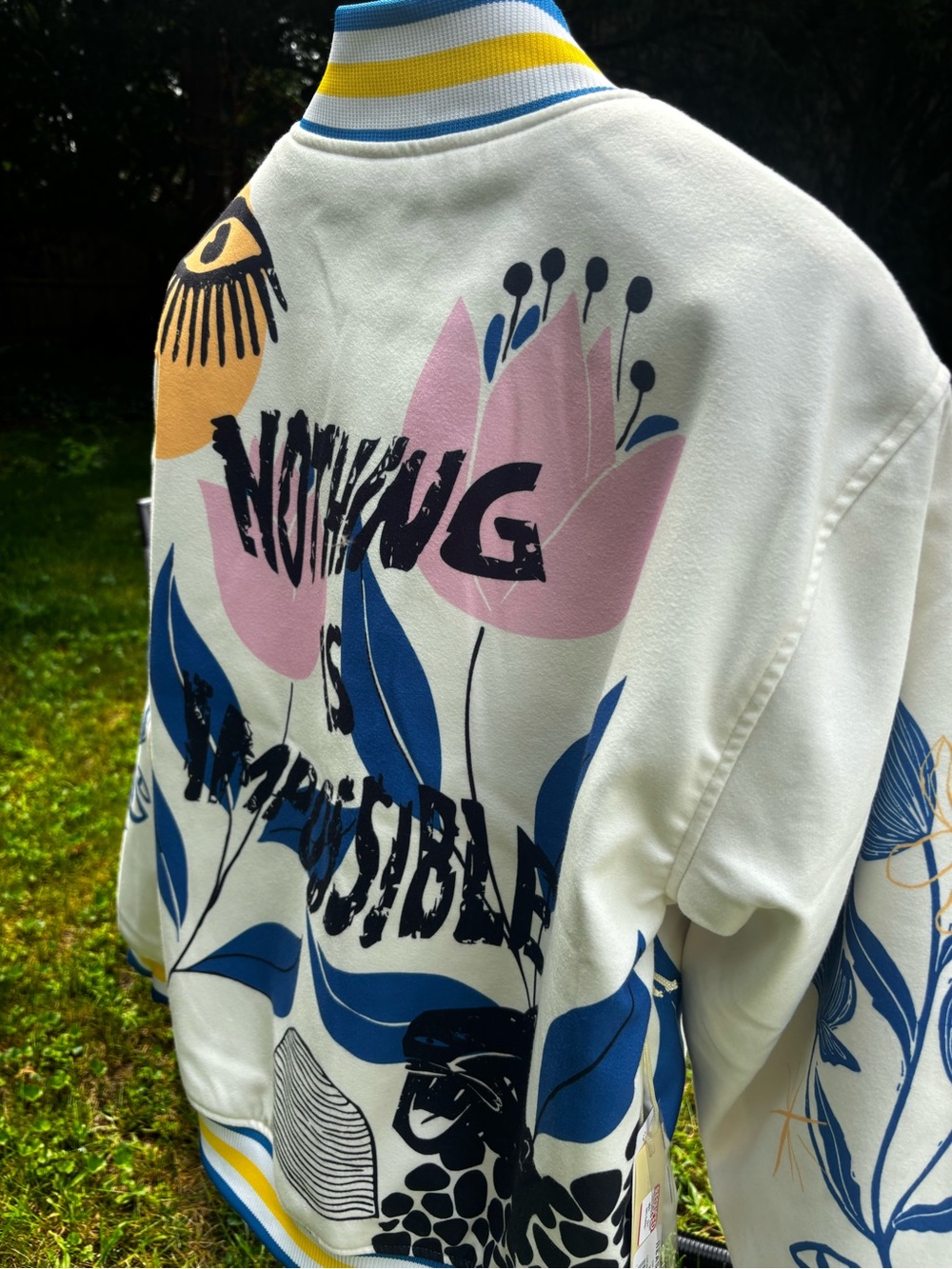 Unisex Graphic Bomber Jacket - White with Blue & Pink